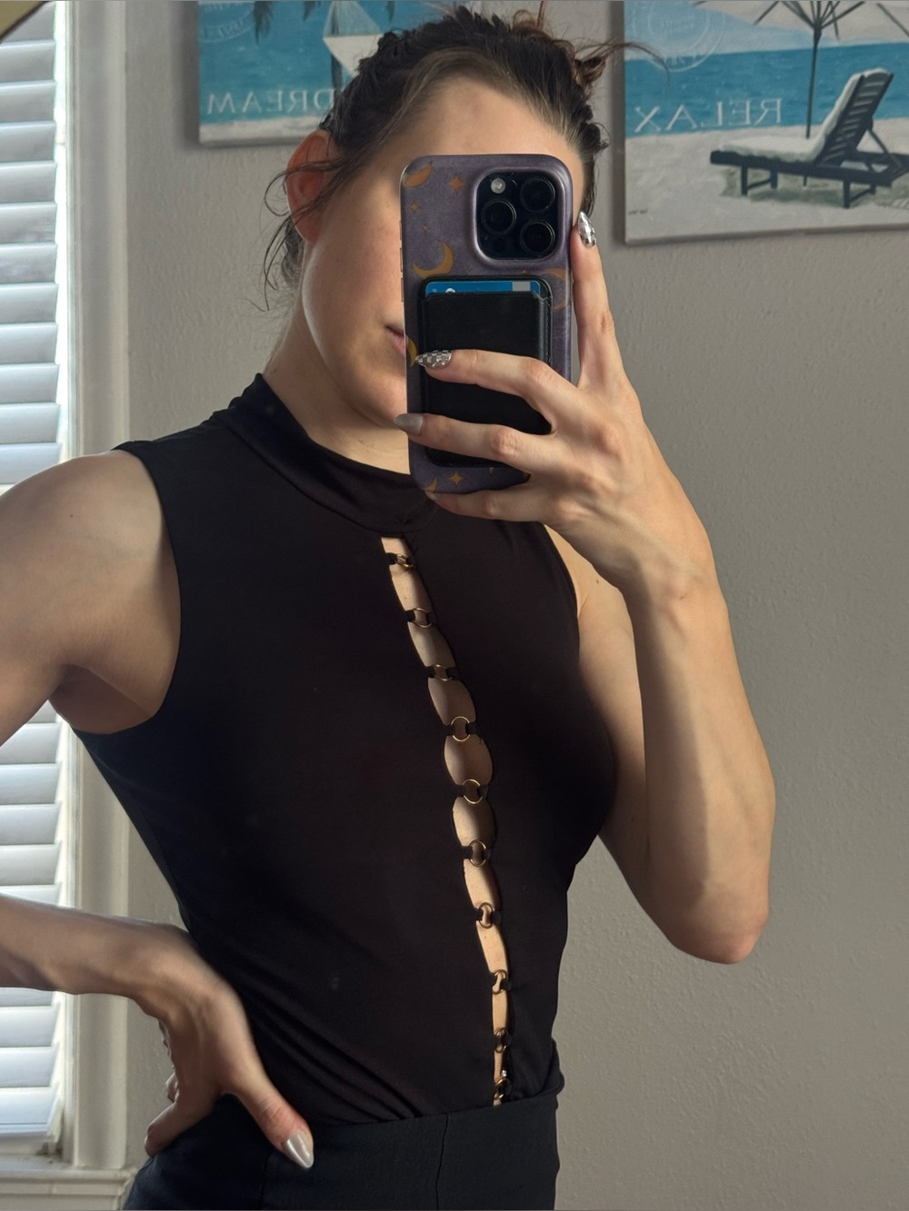 Sleeveless Black Ring-Link Front Mock Neck Top